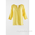 Льняная сплошная блуза желтого цвета